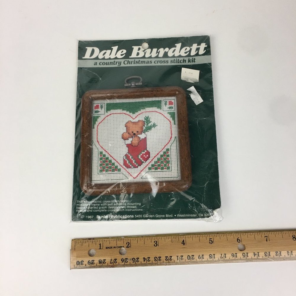 Vtg 1987 Dale Burdett Country Christmas Cross Stitch‎ Kit Teddy Bear in Stocking